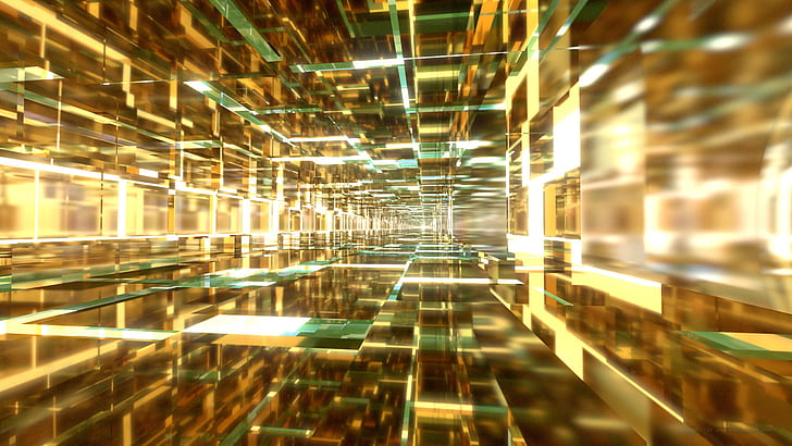 Artistic, Abstract, 3D, Blender, Bright, Digital Art, Square, Tiles, Tunnel, Yellow, HD wallpaper