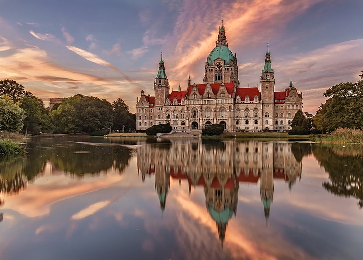 Buildings, New Town Hall, Building, Germany, Hanover, Lake, Reflection, HD wallpaper
