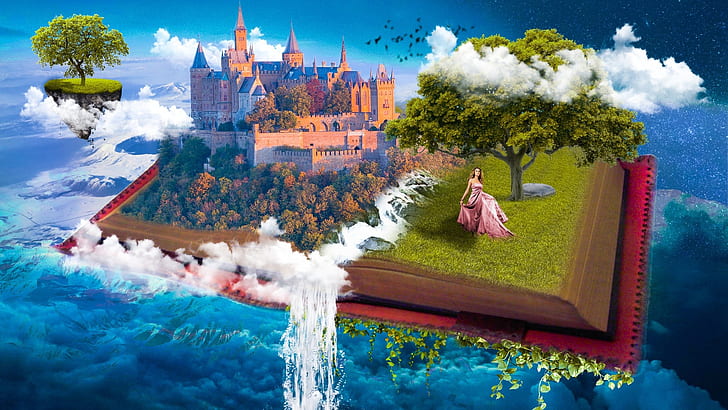the sky, water, girl, clouds, castle, fantasy, tree, collage, the universe, heaven, Paradise, waterfall, tale, art, Princess, blue background, heavenly, open book, fairy world, HD wallpaper
