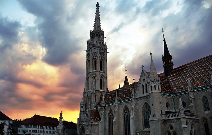 architecture, old building, Budapest, Hungary, sunset, clouds, tower, historic, ancient, cathedral, rooftops, HD wallpaper