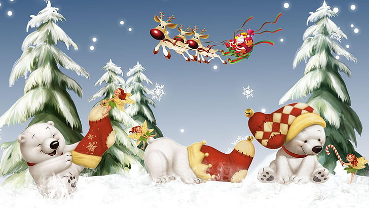 santa claus, xmas, bears, funny, polar bears, art, snow, reindeer, polar bear, holiday, christmas, christmas ornament, christmas tree, winter, christmas decoration, fir, tree, bear, illustration, HD wallpaper