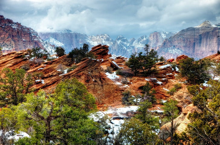 WINTER AT ZION, UTAH, tress, mountains, landscape, national-park, snow, canyon, clouds, HD wallpaper