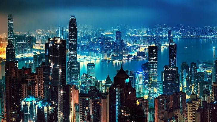 Хонг Конг, градски пейзаж, град, метрополия, небостъргач, здрач, силует, Китай, нощ, кула, сграда, Азия, центъра, небе, HD тапет