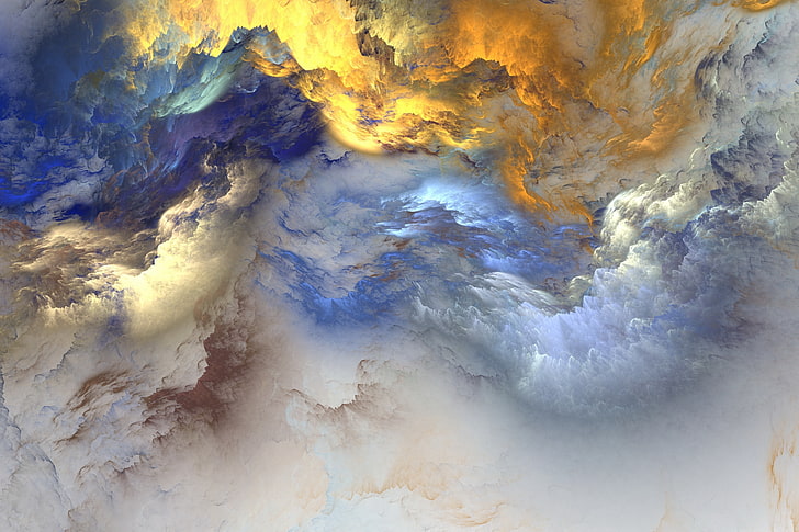 papel de parede de nuvens azuis, bege, marrons e amarelas, nuvens, plano de fundo, cores, resumo, irreal, HD papel de parede