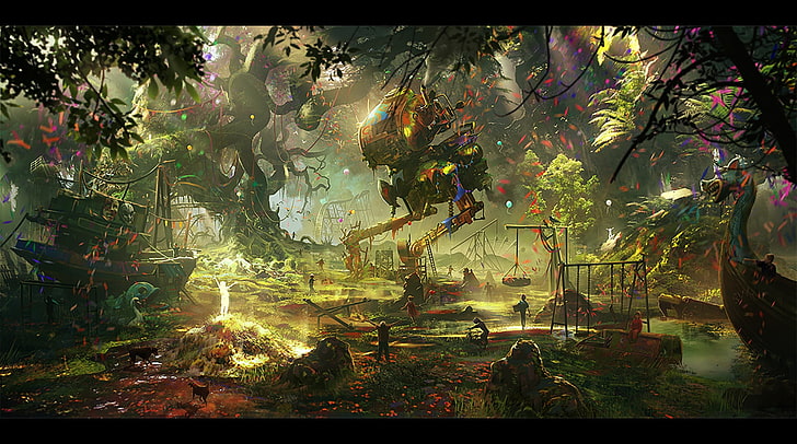 lukisan taman, karya seni, seni fantasi, taman bermain, hutan, robot, Wallpaper HD