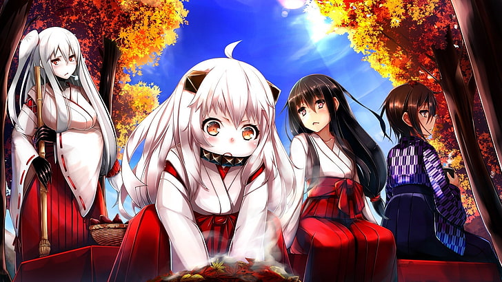 Flugzeugträger Oni, Anime, Anime Girls, Hatsushimo (KanColle), Hörner, Japanische Kleidung, Kantai Collection, Miko, Nordozean Hime, Wakaba (KanColle), HD-Hintergrundbild