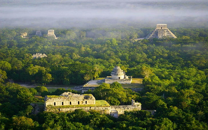 aerial view of Chichen Itza, landscape, nature, Chichen Itza, temple, ruins, archeology, tropical forest, Mexico, morning, mist, sunlight, aerial view, HD wallpaper