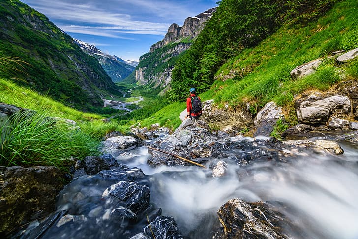 mountains, stones, stream, Alps, river, Haute-Savoie, Francia, HD wallpaper