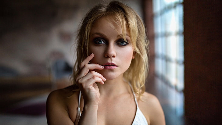 mujer, rubia, cara, retrato, ojos azules, lápiz labial rosa, Olya Pushkina, Fondo de pantalla HD