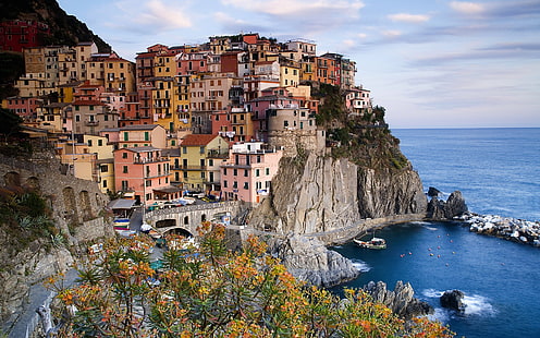 Italie, Ligurie, paysage urbain, Cinque Terre, Manarola, ville, mer, Fond d'écran HD HD wallpaper