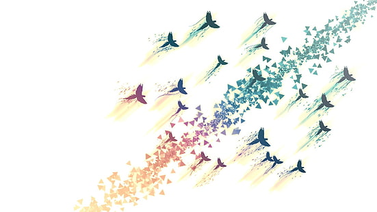 разноцветные птицы на белом фоне, полет, птицы, белый фон, треугольник, цифровое искусство, произведения искусства, животные, аннотация, HD обои HD wallpaper