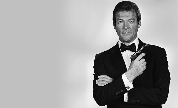James Bond, Roger Moore, monokrom, filmer, smoking, HD tapet