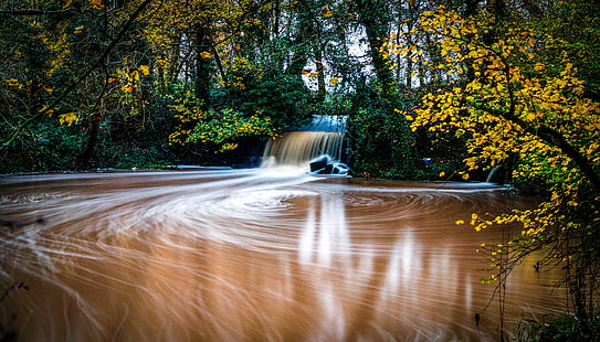 time-lapse photography of falls in between of green tree during daytime, Forever Autumn, time-lapse photography, falls, in between, green tree, daytime, forever  autumn, feckenham  worcestershire, england, uk, long  exposure, water, pond, yellow, tree, fall, waterfall, flow, reflect, reflects, reflection, reflections, shadow, shadows, Flickr, Estrellas, delete, save, nature, forest, stream, autumn, river, leaf, beauty In Nature, scenics, outdoors, landscape, HD wallpaper HD wallpaper