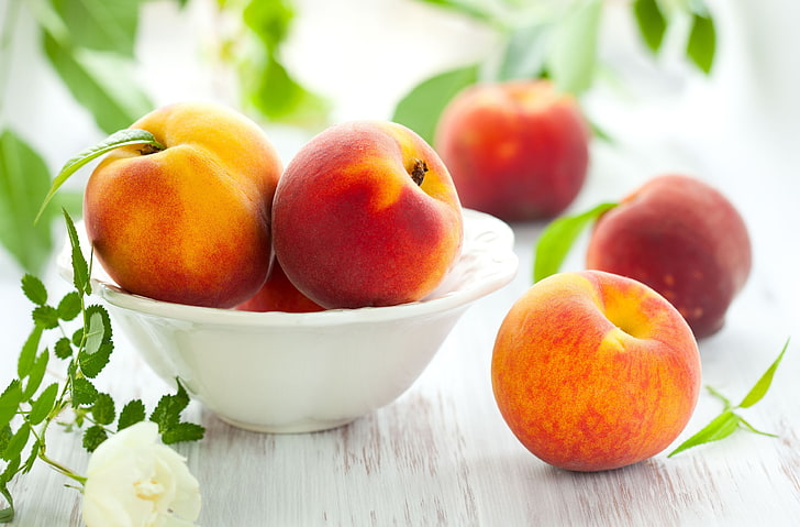 persikafrukter, löv, bakgrund, tapet, mat, frukt, persikor, persika, widescreen, helskärm, HD-bakgrundsbilder, nektarin, HD tapet