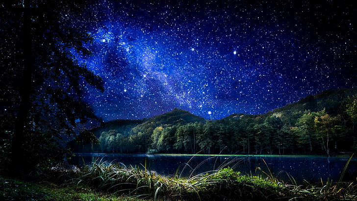 空、夜、天の川、星空、夜空、湖、湖side、山、 HDデスクトップの壁紙