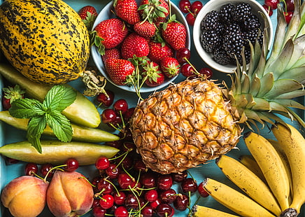 Fruits, fruits, banane, mûre, cerise, melon, pêche, ananas, fraise, Fond d'écran HD HD wallpaper