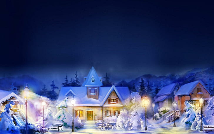 Village Winter Art, ฤดูหนาว, ธรรมชาติ, หมู่บ้าน, วอลล์เปเปอร์ HD