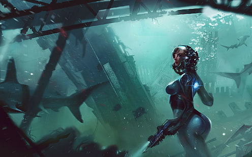 mulher segurando arma papel de parede, obra de arte, arte digital, futurista, ficção científica, tubarão, embaixo da agua, exploração, roupas de mergulho, HD papel de parede HD wallpaper
