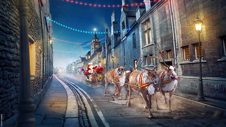 chrismas, street, santa, winter, santa claus, sleigh, reindeer, night, city, road, santa sleigh, reindeer chariot, chariot, evening, street light, HD wallpaper