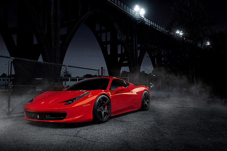 red Ferrari 458 Italia, night, red, bridge, black, wheels, Ferrari, drives, front view, Italy, 458 italia, HD wallpaper