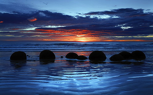 Moeraki Boulders, praia de Koekohe, Otago, Nova Zelândia, pôr do sol, nuvens, Moeraki, Boulders, Koekohe, praia, Otago, nova, Zelândia, pôr do sol, nuvens, HD papel de parede HD wallpaper