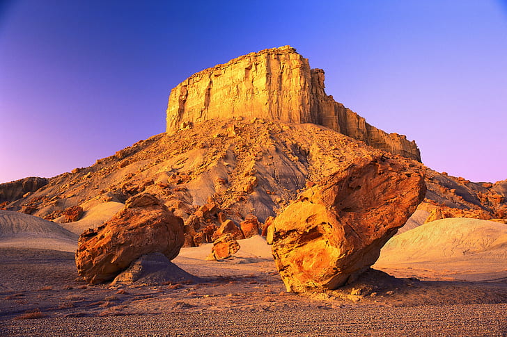 Prairie, Amerika, formasi batu coklat, Gunung, langit, Matahari terbenam, batu, Prairie, Amerika, ladnscape, gurun, Wallpaper HD