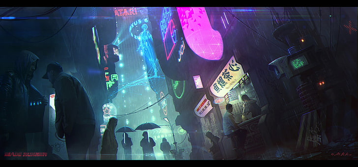 hombre en el fondo de pantalla de la tienda, cyber, cyberpunk, ciencia ficción, arte de fantasía, arte digital, Blade Runner, Fondo de pantalla HD
