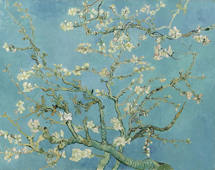 tapete de área floral azul e branco, Vincent van Gogh, pintura, HD papel de parede