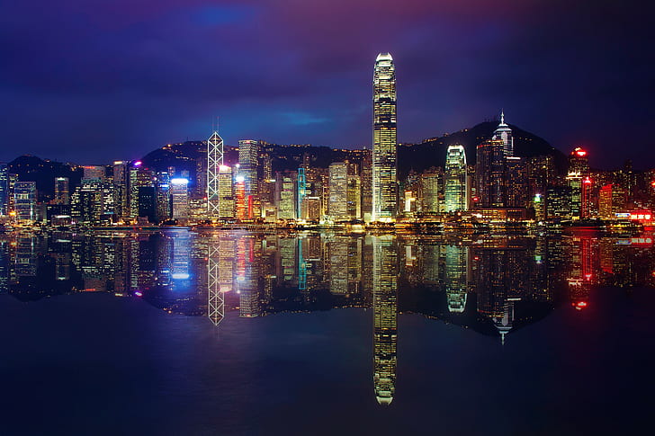 Notte della città di Hong Kong, foto della città illuminata, riflessi, edifici, grattacieli, luci, baia, notte, sera, Hong Kong, città, Sfondo HD