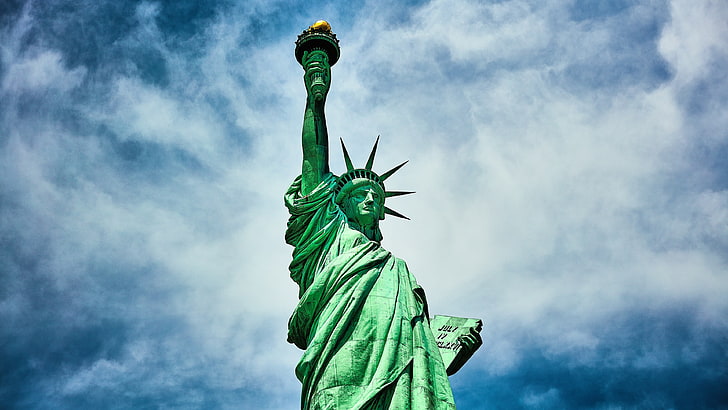 statue, landmark, green, sky, monument, cloud, daytime, statue of liberty, united states, new york, statue of liberty national monument, usa, HD wallpaper