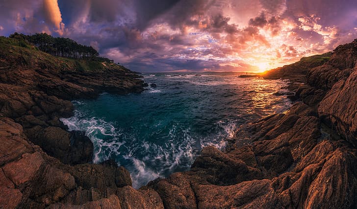 sunset, the ocean, coast, Bay, Spain, The Atlantic ocean, Galicia, Atlantic Ocean, Sanxenxo, HD wallpaper