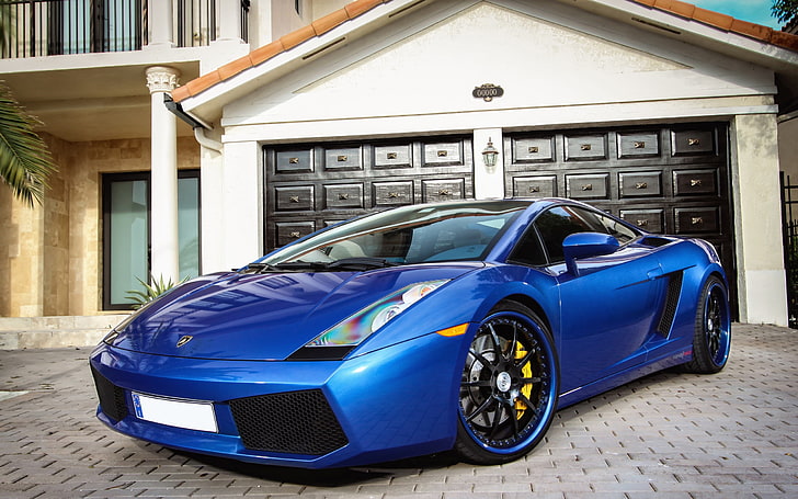 blue coupe, Lamborghini, car, Lamborghini Gallardo, blue cars, vehicle, house, HD wallpaper