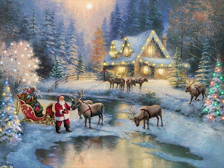 Liburan, Natal, Rumah, Rusa Kutub, Santa, Musim Dingin, Wallpaper HD