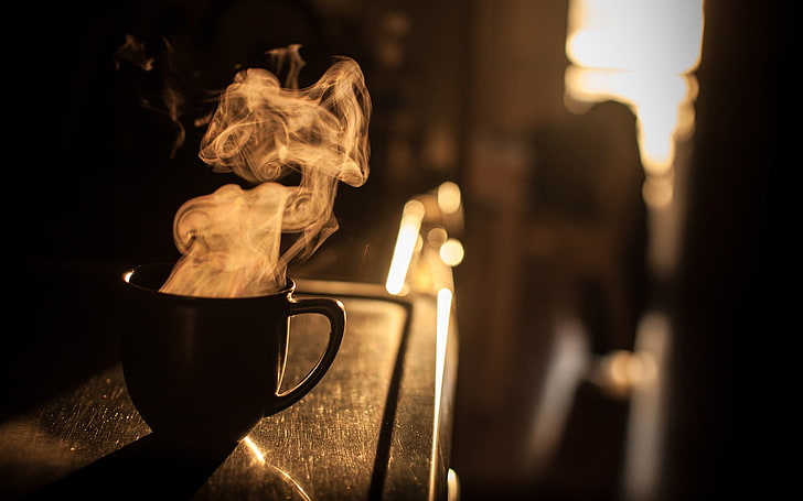 xícara de chá, silhueta de caneca com fumaça, café, canecas, copo, bebida, profundidade de campo, fumaça, luz solar, silhueta, HD papel de parede