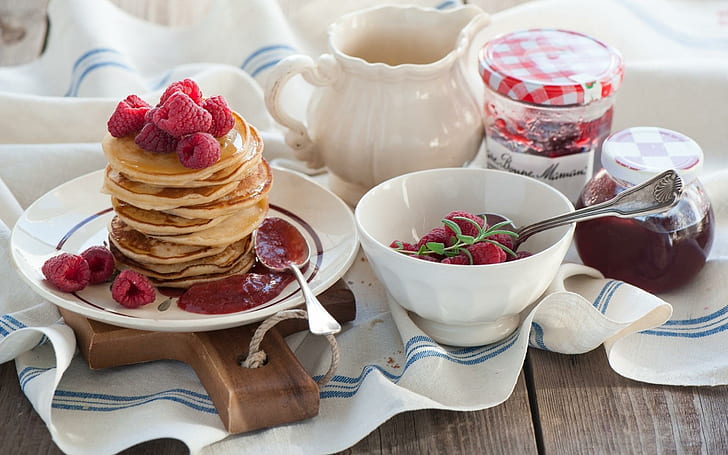 Pancakes with raspberries, strawberry fruits, photography, 1920x1200, pancake, raspberry, HD wallpaper