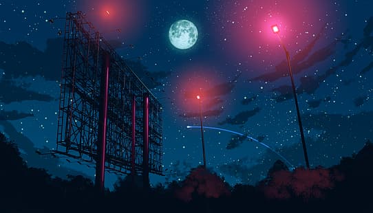 аниме, Луна, улично осветление, нощно небе, звезди, дигитално изкуство, произведения на изкуството, цифрово, HD тапет HD wallpaper