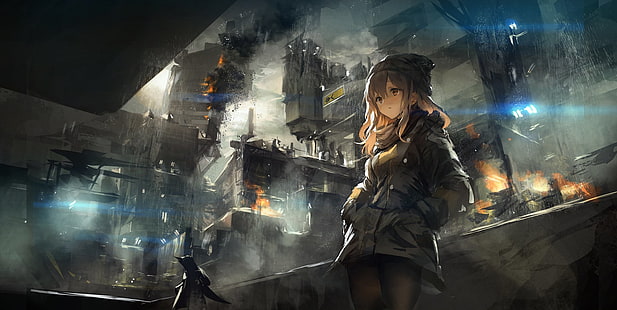 THE-LM7, Anime, Anime Girls, Gebäude, Hut, Feuer, Zerstörung, Blond, HD-Hintergrundbild HD wallpaper