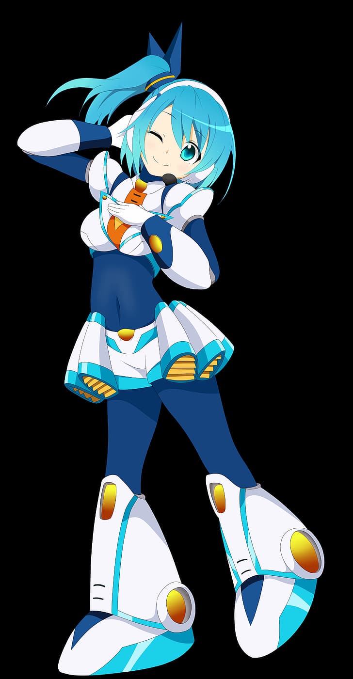 anime, gadis anime, Mega Man X, Rockman X DiVE, RiCO (Rockman X DiVE), rambut panjang, lengan panjang, rambut biru, solo, karya seni, seni digital, karya penggemar, Wallpaper HD, Wallpaper HD, wallpaper seluler