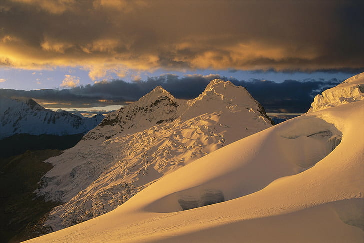 góry, śnieg, wschód słońca, zaśnieżony szczyt, przyroda, Tapety HD