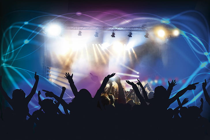 alegre, clube, concerto, multidão, dança, discoteca, discoteca, evento, festival, diversão, luzes, música, boate, festa, silhuetas, espectadores, estágio, HD papel de parede