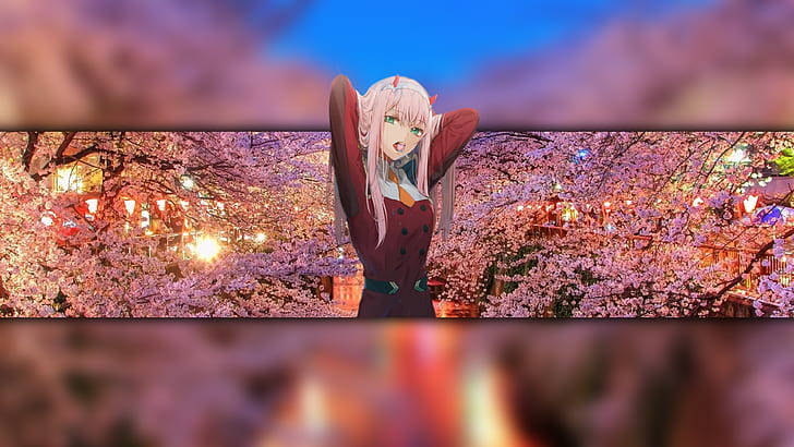 pink, Darling in the FranXX, pink hair, Zero Two (Darling in the FranXX), Code:002, white skin, green eyes, picture-in-picture, piture in picture, blurred, cherry blossom, anime, anime girls, fan art, HD wallpaper