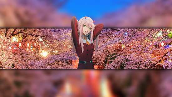 pink, Darling in the FranXX, pink hair, Zero Two (Darling in the FranXX), Code:002, white skin, green eyes, picture-in-picture, piture in picture, blurred, cherry blossom, anime, anime girls, fan art, HD wallpaper HD wallpaper