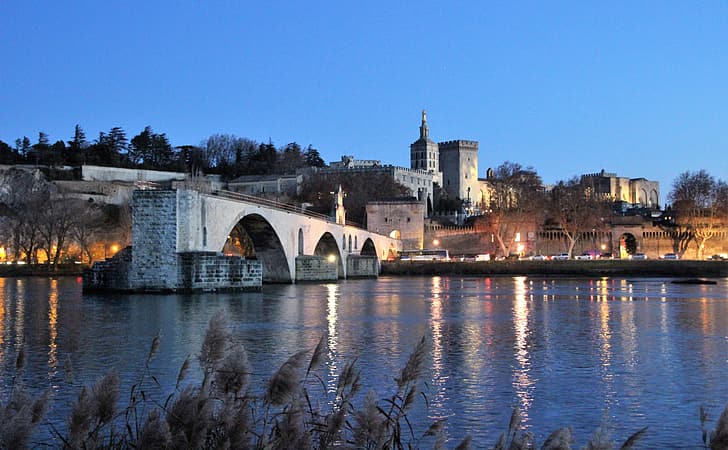 bridge, the city, river, France, tower, the evening, lighting, architecture, Ron, Avignon, The Pont d'avignon, The papal Palace, HD wallpaper