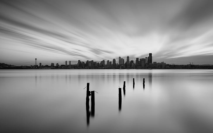 grayscale city escape photo of urban area, grayscale, city, escape, photo, urban area, Black and White, long exposure, Seattle  Washington, morning, smooth, clouds, west seattle, Alki, Pacific Northwest, Canon EOS 5D Mark III, Sigma, 35mm, F1.4, DG, HSM, ART, B+W, ND, 1000x, cityscape, urban Skyline, sunset, reflection, skyscraper, architecture, downtown District, urban Scene, HD wallpaper