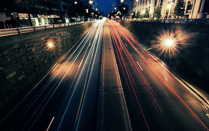 szara droga asfaltowa, noc, miasto, ulica, światła, ruch, prędkość, ulica, samochód, Tapety HD