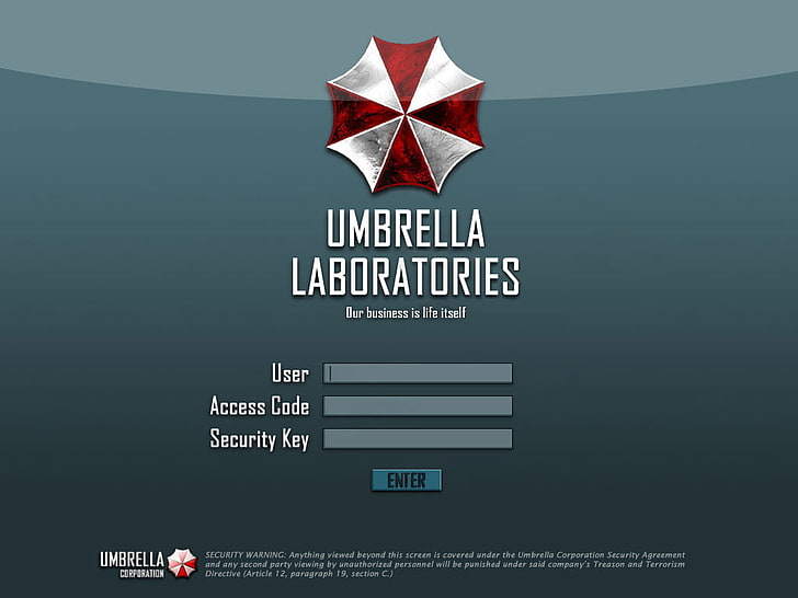 Umbrella Laboratories Resident Evil spelapplikation, Umbrella Laboratories illustration, Umbrella Corporation, Resident Evil, videospel, zombies, typografi, Inloggningsskärm, text, HD tapet