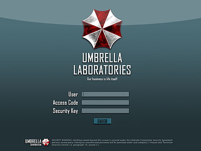 Приложение за игра на Umbrella Laboratories Resident Evil, илюстрация на Umbrella Laboratories, Umbrella Corporation, Resident Evil, видео игри, зомбита, типография, Екран за вход, текст, HD тапет HD wallpaper
