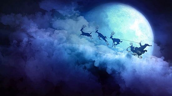 sky, christmas, xmas, cloud, santa claus, darkness, sleigh, moon, HD wallpaper HD wallpaper