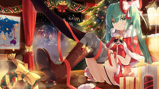 аниме, Коледа, Хацуне Мику, двойни опашки, вокалоид, HD тапет HD wallpaper