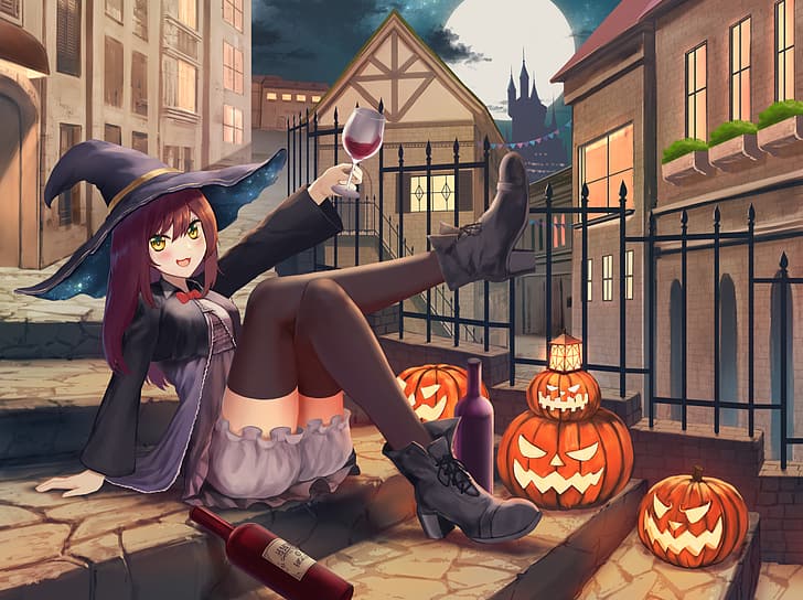anime, anime girls, witch, Halloween, sue, HD wallpaper